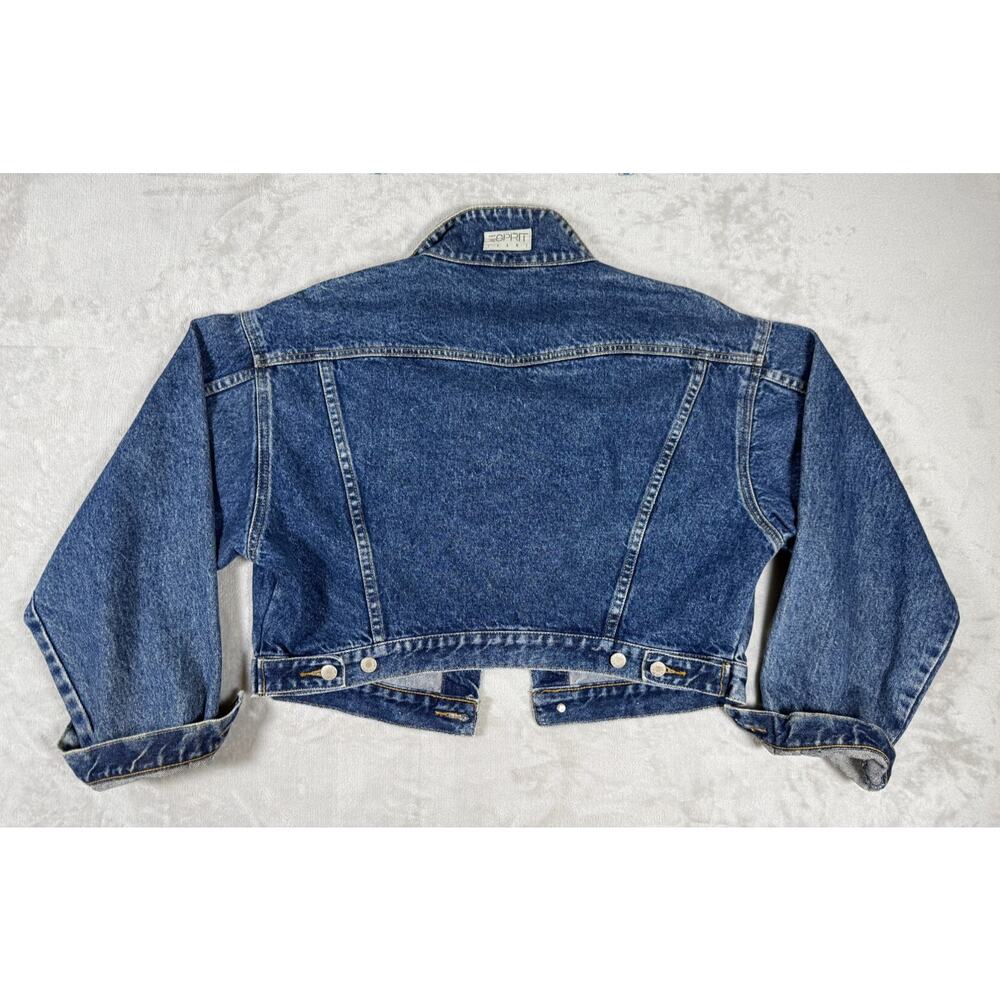 Vintage 80s Esprit Cropped Denim Jacket Dark Wash Supermodel Grunge L - Picture 2 of 9